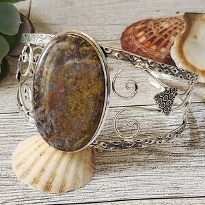 Enchanted Forest Sterling Silver Green Mossy Agate Cuff Bracelet